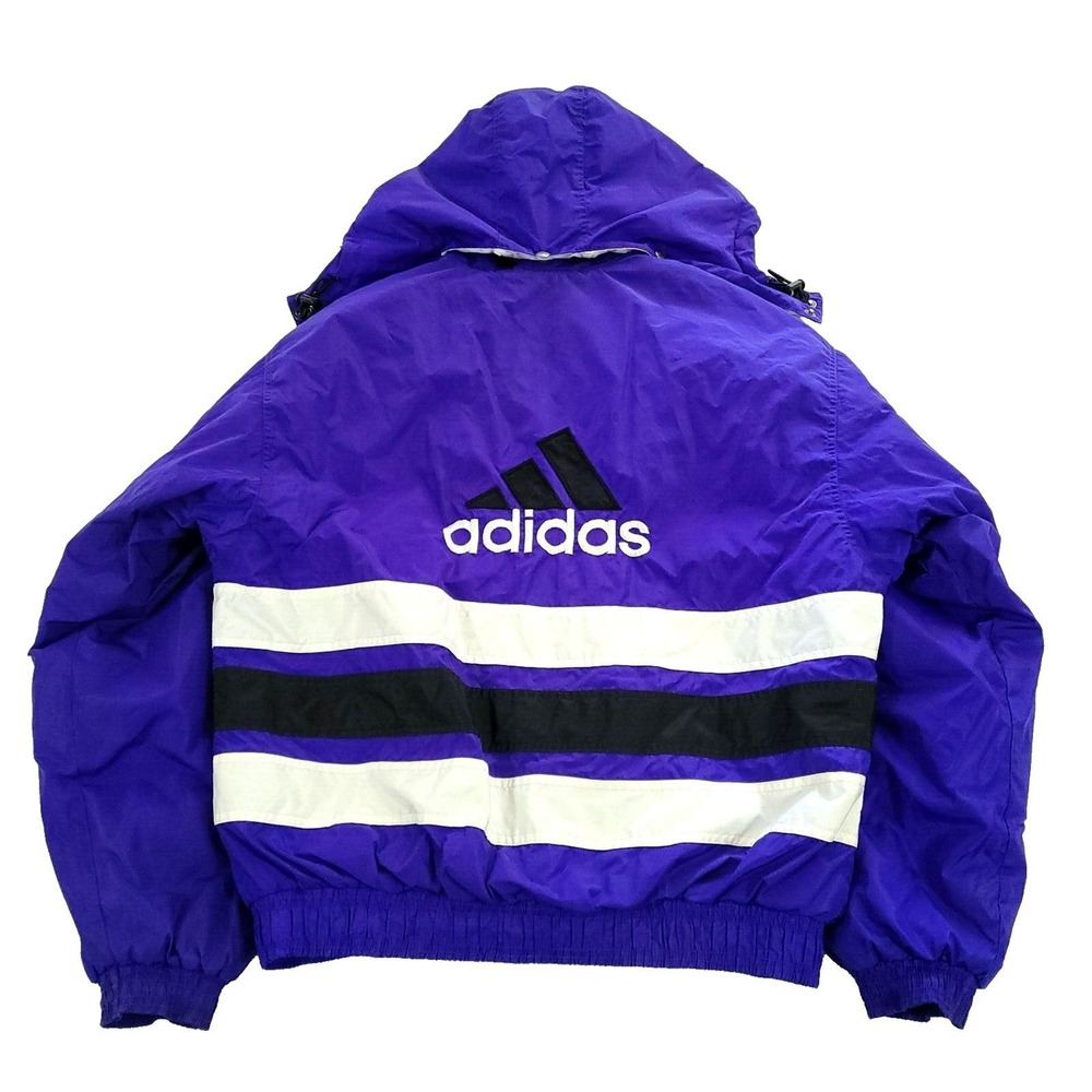 Y2K Adidas Puffer Coat M 90s Blue Jacket Hood White Black Striped bars puffy med